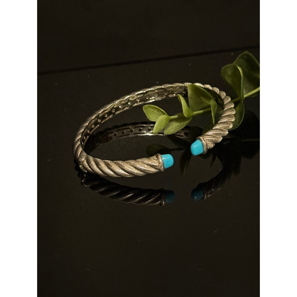 Judith Ripka 925 Sterling Silver Turquoise Twisted Cable Cuff Bracelet Bangle - Picture 10 of 11